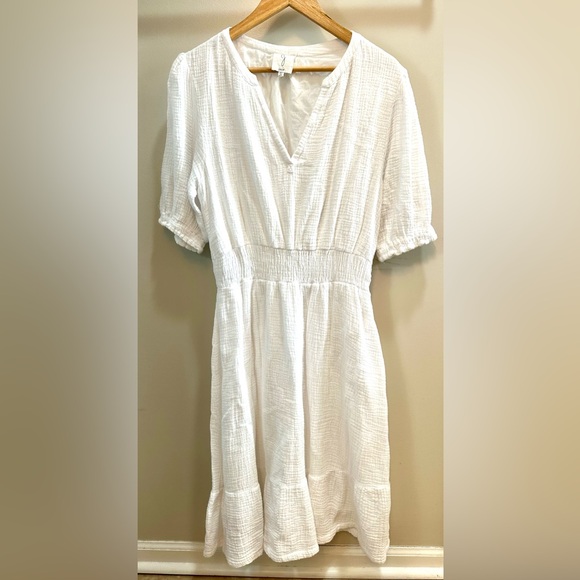 JOIE White Gauze Puff Sleeve Smocked Blouson Midi Dress Size L - Picture 1 of 6